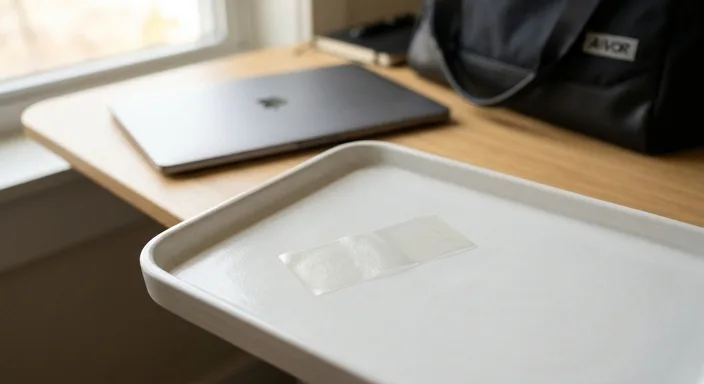 A close-up of a thin caffeine strip on a white ceramic tray with a blurred laptop and gym bag in the background.