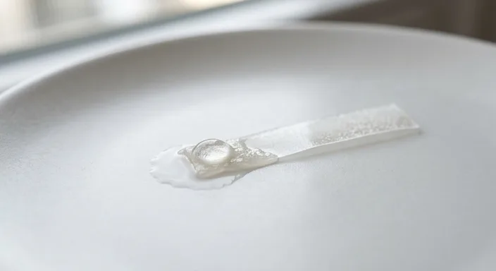 Macro close-up of a caffeine strip starting to dissolve on a white surface, illustrating fast absorption.