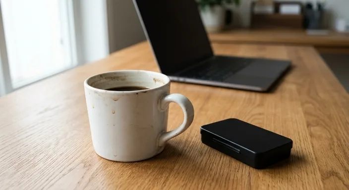 A comparison showing a stained coffee mug next to a modern caffeine strip container on a clean desk.
